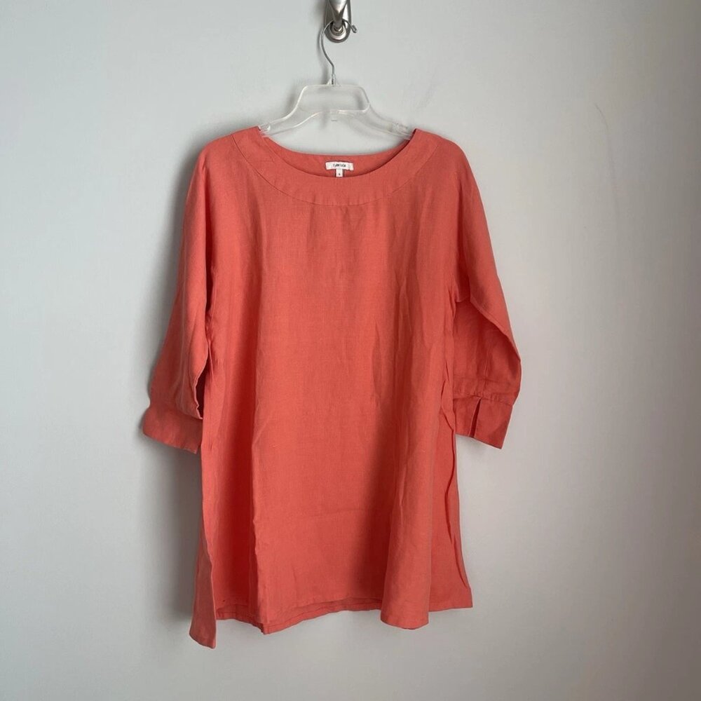 Tyler Boe Coral Orange 100% Linen 3/4 Sleeve Dress Women's - Picture 8 of 8